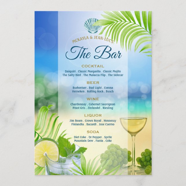Beach Wedding Mojito Wine Grapes Palm Offenes Bar Menükarte (Vorderseite)