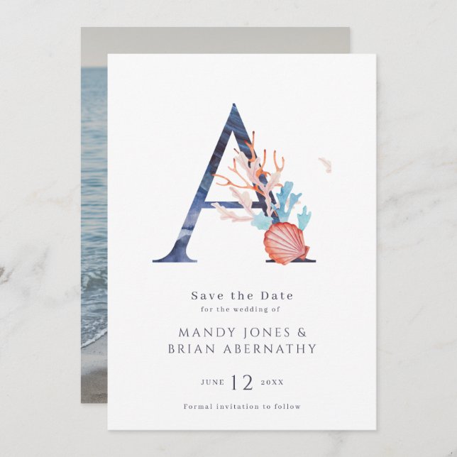 Beach Wedding Monogram Foto Save the Date (Vorne/Hinten)
