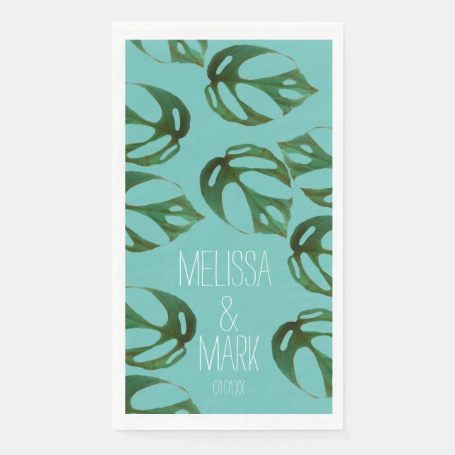 Beach Wedding Monstera Paare Name Serviette (Vorderseite)
