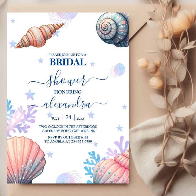 Beach Wedding Navy Blue Seashells Brautparty Einladung (Von Creator hochgeladen)