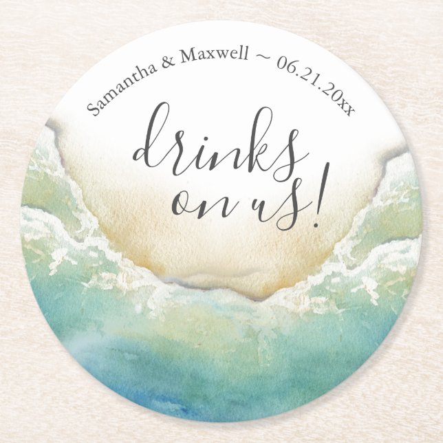 Beach Wedding Ocean Shore Custom Drink Coasters Runder Pappuntersetzer (Vorderseite)
