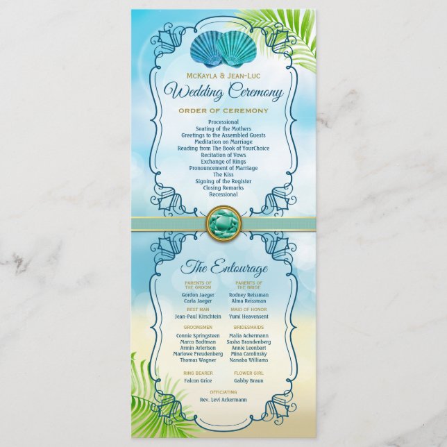 Beach Wedding Order of Ceremony Entourage Emerald Programm (Vorderseite)
