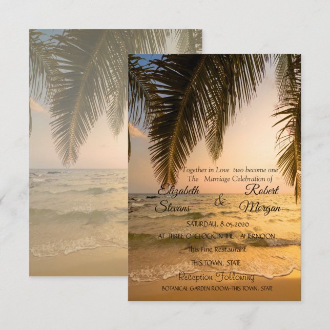 Beach Wedding, Palm Sunset Einladung (Vorne/Hinten)