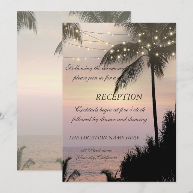 Beach Wedding Palms Sunset Empfang Einladung (Vorne/Hinten)