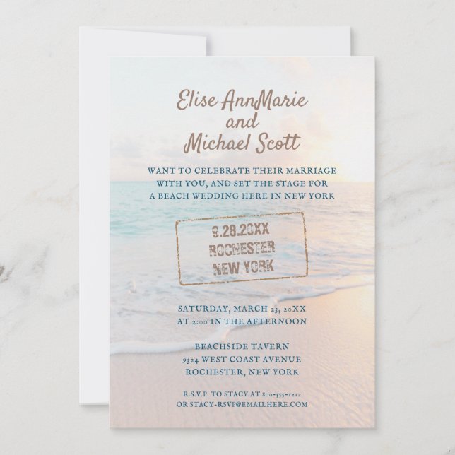 Beach Wedding Passport Briefmarke bei Zuhause Einladung (Vorderseite)