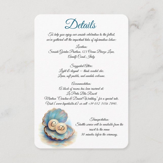 Beach Wedding Pearls Muschel Elegantes Ocean Thema Begleitkarte (Vorderseite)