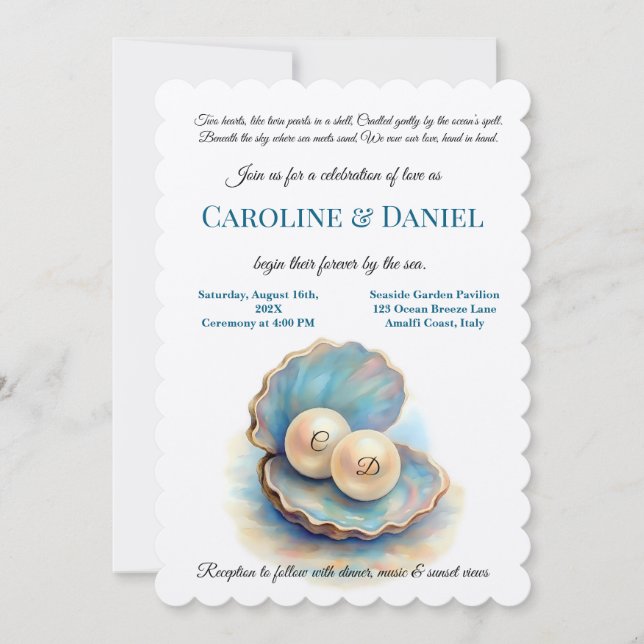 Beach Wedding Pearls Muschel Elegantes Ocean Thema Einladung (Vorderseite)