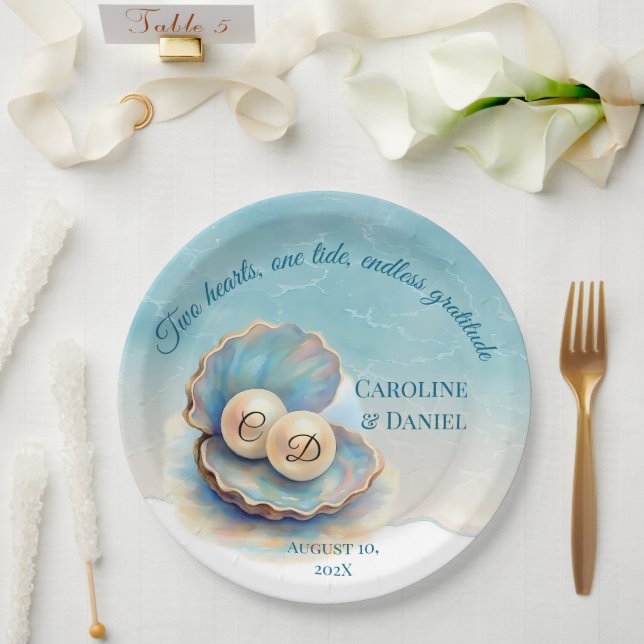 Beach Wedding Pearls Muschel Elegantes Ocean Thema Pappteller (Hochzeit)