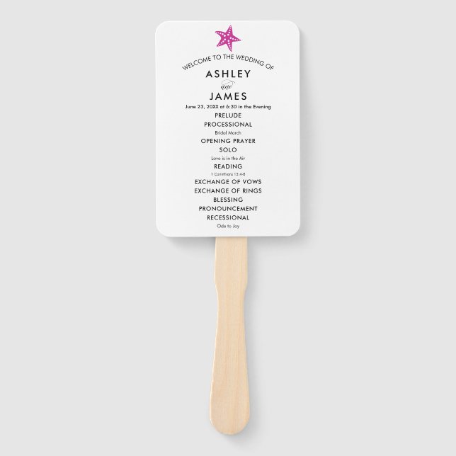 Beach Wedding Program Fan mit Starfish, Fuchsia Fächer (Vorderseite)