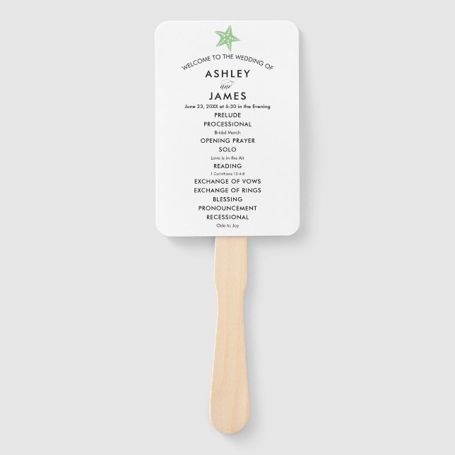 Beach Wedding Program Fan mit Starfish, Green Fächer (Vorderseite)