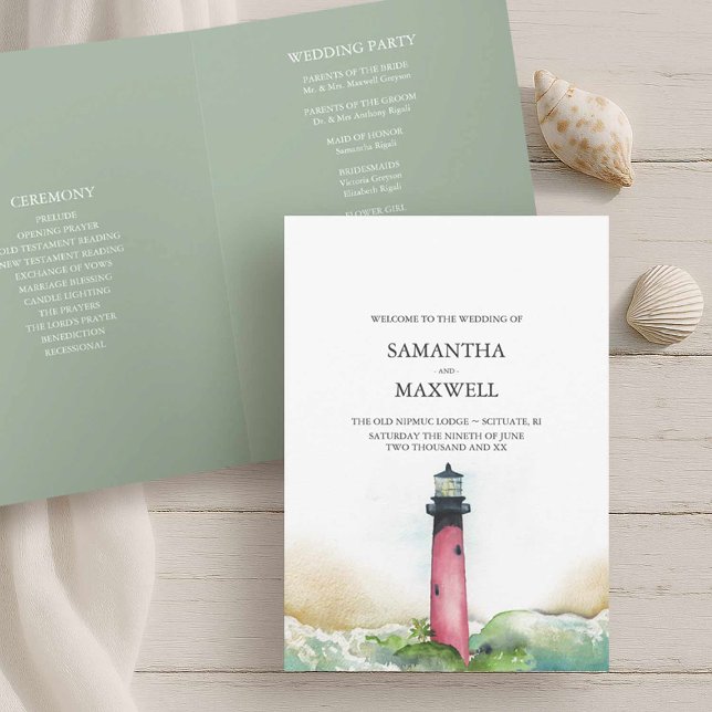 Beach Wedding Programm Vorlagen Leuchtturm (Wedding program beach wedding in Florida shows watercolor Jupiter Lighthouse Victoria Grigaliunas)