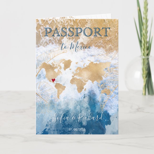 Beach Wedding Reisepass - Weltkarte Invi Einladung (Vorderseite)