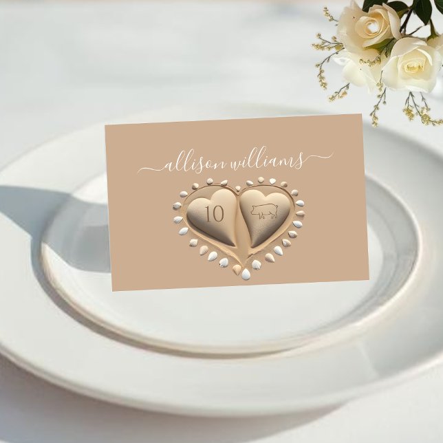 Beach Wedding Sand Hearts-Platzkarten-Meal Icons Tischnummer (Beach Wedding Sand Hearts-Place Cards-Meal Icons Table Number pork)