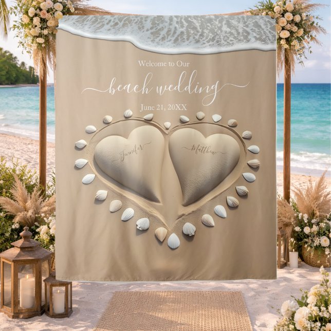 Beach Wedding Sand Hearts Wandteppich (Beach Wedding Sand Hearts Tapestry)