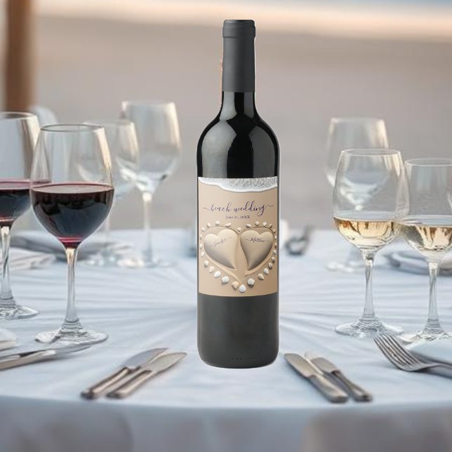 Beach Wedding Sand Hearts Weinetikett (Beach Wedding Sand Hearts Wine Label )