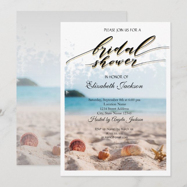 Beach Wedding, Sand, Seashells Brautparty Einladung (Vorne/Hinten)