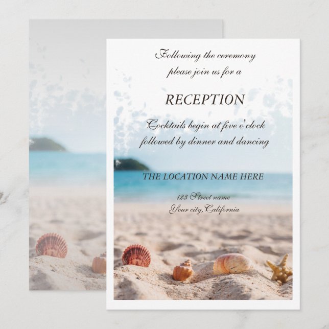 Beach Wedding, Sand, Seashells Empfang Einladung (Vorne/Hinten)
