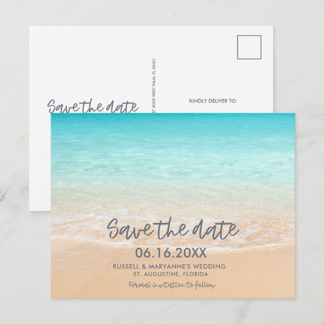 Beach Wedding Save the Date Postcard Ankündigungspostkarte (Vorne/Hinten)