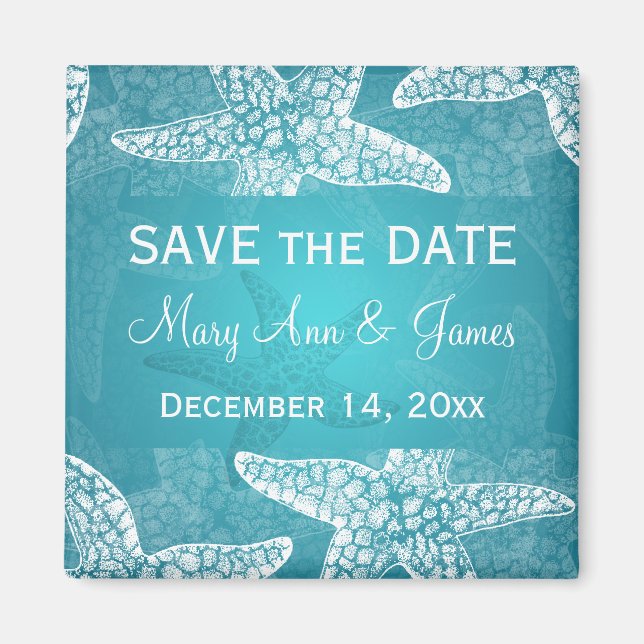 Beach Wedding Save the Date Starfish Blue Magnet (Vorne)