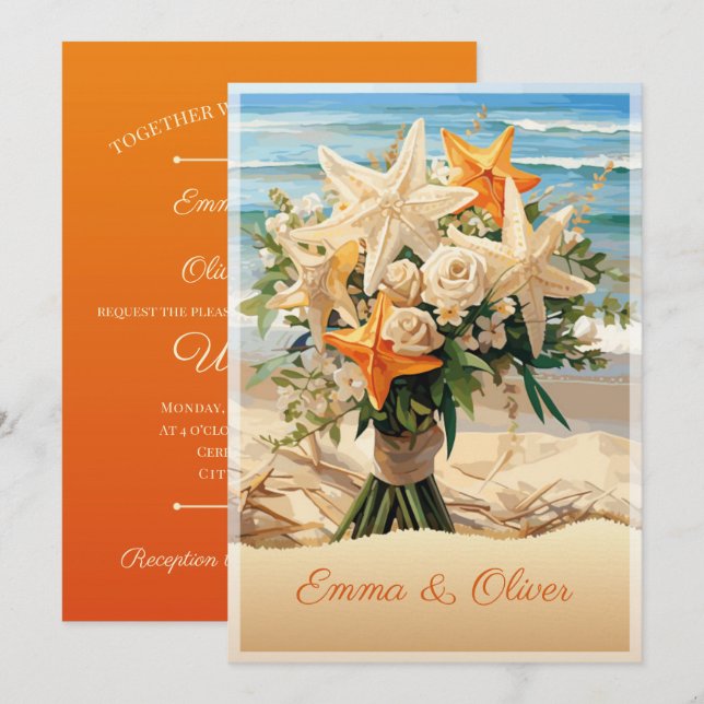Beach Wedding Starfish Bouquet Einladungskarte (Vorne/Hinten)