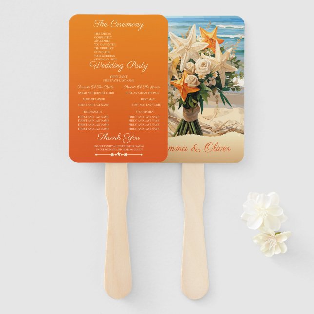 Beach Wedding Starfish Bouquet Programm Handfan Fächer (Vorne und Hinten)