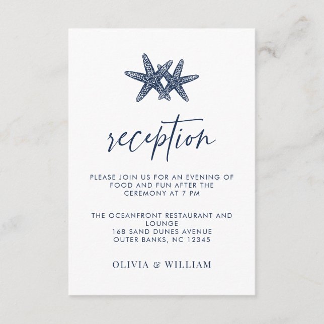 Beach Wedding Starfish Navy Blue Empfang Begleitkarte (Vorderseite)