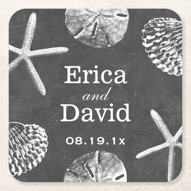 Beach Wedding Starfish & Seashells Chalkboard Rechteckiger Pappuntersetzer (Vorderseite)