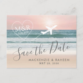 Beach Wedding Sunset Heart Flugzeug Save the Date Ankündigungspostkarte