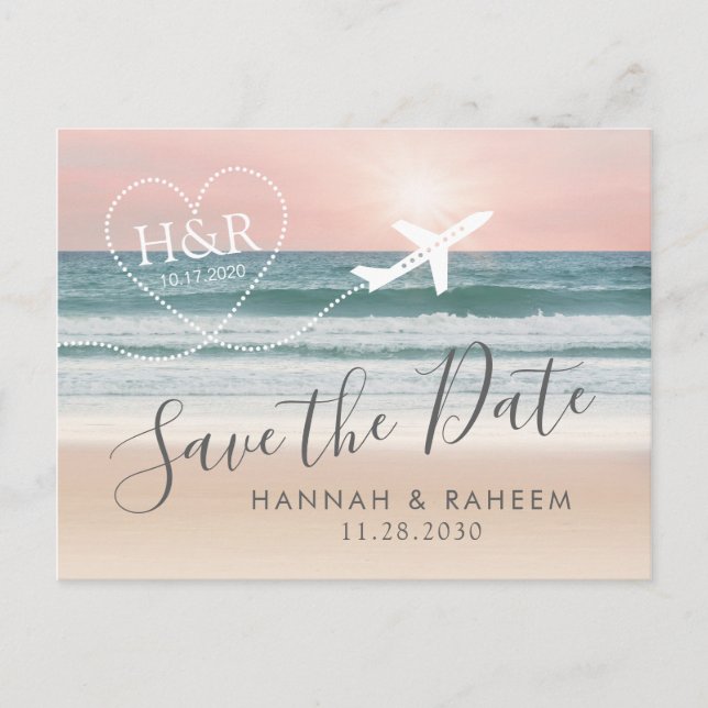 Beach Wedding Sunset Heart Flugzeug Save the Date Ankündigungspostkarte (Vorderseite)