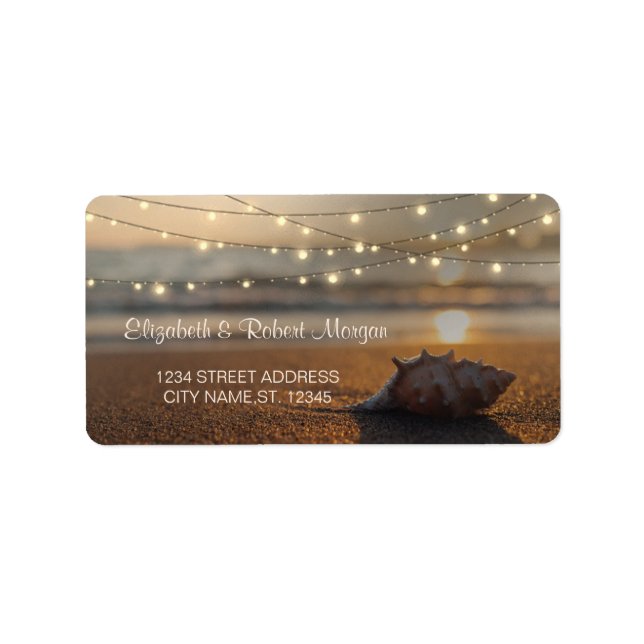 Beach Wedding Sunset Seashell Label Adressaufkleber (Vorne)