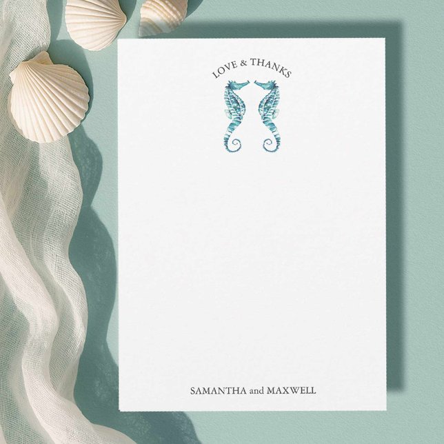 Beach Wedding Thank You Card Seahorses Einladung (Beach wedding looks watercolor seahorses art by Victoria Grigaliunas of Do tell A Belle)