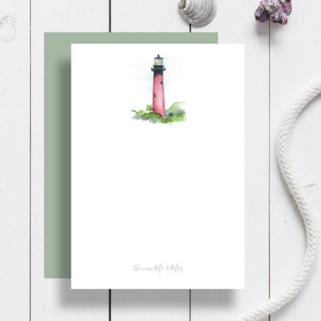 Beach Wedding Thank You Cards Lighthouse Dankeskarte (Jupiter lighthouse personalized notecards feature watercolor art by Victoria Grigaliunas)