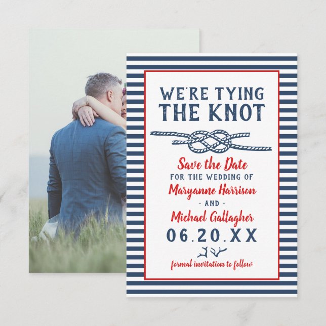 Beach Wedding The Knot Nautical Stripe Foto Save The Date (Vorne/Hinten)