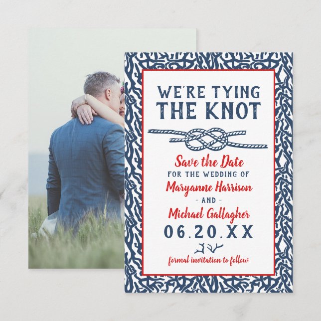 Beach Wedding The Knot Navy Blue Coral Foto Save The Date (Vorne/Hinten)