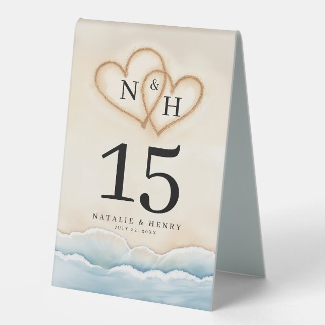 Beach Wedding Tischnummer mit Sand Heart Design Tischaufsteller (Vorderseite)