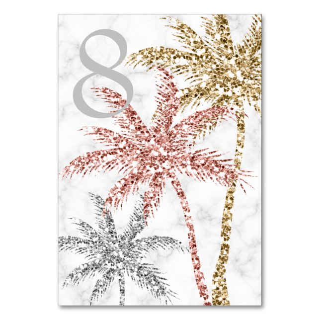 Beach Wedding Tri Gold Marble Palm Tree Blätter Tischnummer (Vorderseite)