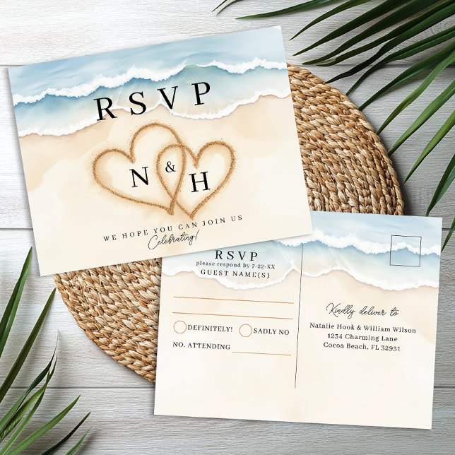 Beach Wedding UAWG Postcard mit Sand Heart Design Postkarte (Wedding RSVP Postcard)