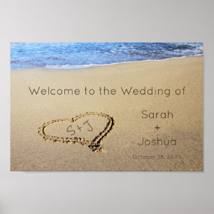 Beach Wedding Welcome Sign Sand Herzinitialen Poster