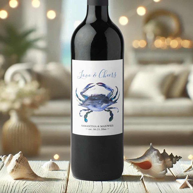 Beach Wedding Wine Labels Blue Crab Weinetikett (Beach wedding wine labels watercolor blue crab art by Victoria Grigaliunas Do Tell A Belle)