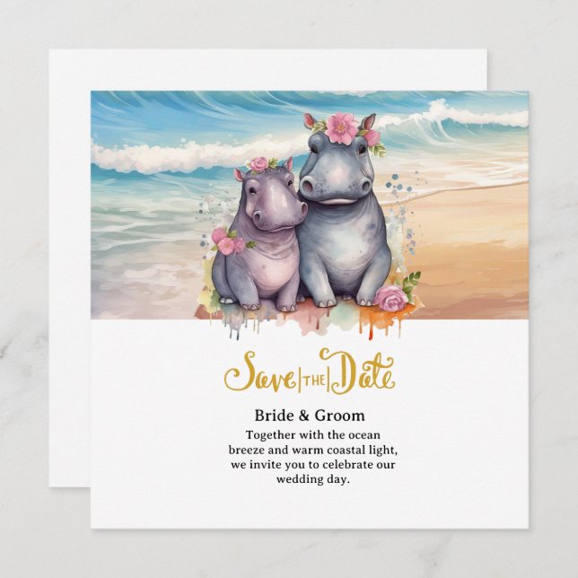  Beach Wedding with Hippo Couple  Save The Date (Vorne/Hinten)