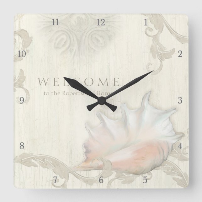 Beach Welcome Guest Deco Holz Conch Muschel Art Quadratische Wanduhr (Vorderseite)