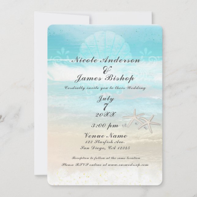Beach White Starfish Elegante Sommerhochzeit Einladung (Vorderseite)