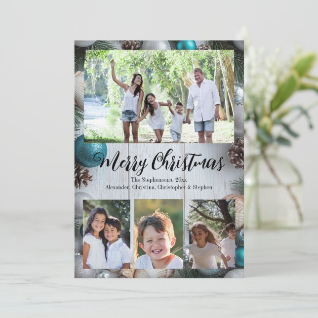 Beach Whitewash Türkis 4-Foto Frohe Weihnachten Einladung (Stehend Vorderseite)