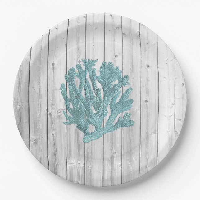 Beach Wood Aquamarin Korallenpapier Teller (Vorderseite)