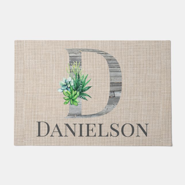 Beach Wood Letter D & Succulents Personalisiert Fußmatte (Vorderseite)