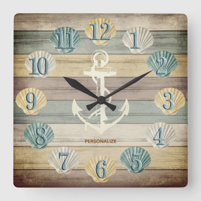Beach Wood Nautical Stripes mit Anchor Square Wa Quadratische Wanduhr (Vorderseite)