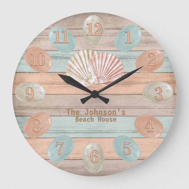 Beach Wood Nautical Stripes & Sea Glass Große Wanduhr (Vorderseite)