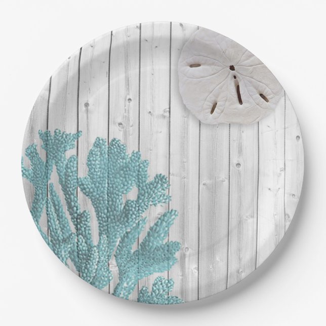 Beach Wood Sand Dollar Aquamarine Korallenpapiere  Pappteller (Vorderseite)