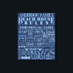 Beachhouse reguliert Blue Custom Family Hütte Sign Leinwanddruck<br><div class="desc">Dekorieren Sie Ihr Strandhaus mit diesem personalisierten, skurrilen Leinwand Schild. Die hellblauen lustige Sprüche auf den dunkelblauen Imitaten (bedruckt) aus Holz sorgen dafür, dass Ihre Familie und Ihre Gäste zum Lachen kommen. Die Typografie enthält die Zeilen: Sand deine Sorgen | Reichweite für die Sterne | Ehrenfreunde Schiffe | Wellen Sie...</div>