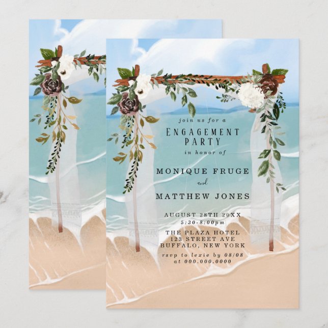 Beachkanope, tropische florale Engagement Party Einladung (Vorne/Hinten)